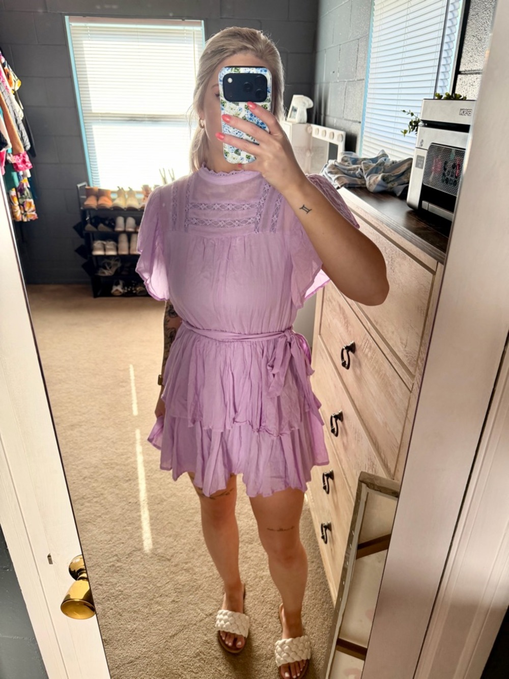 Aura Lavender Ruffled Lace Belted Dress - Picture 2 of 4